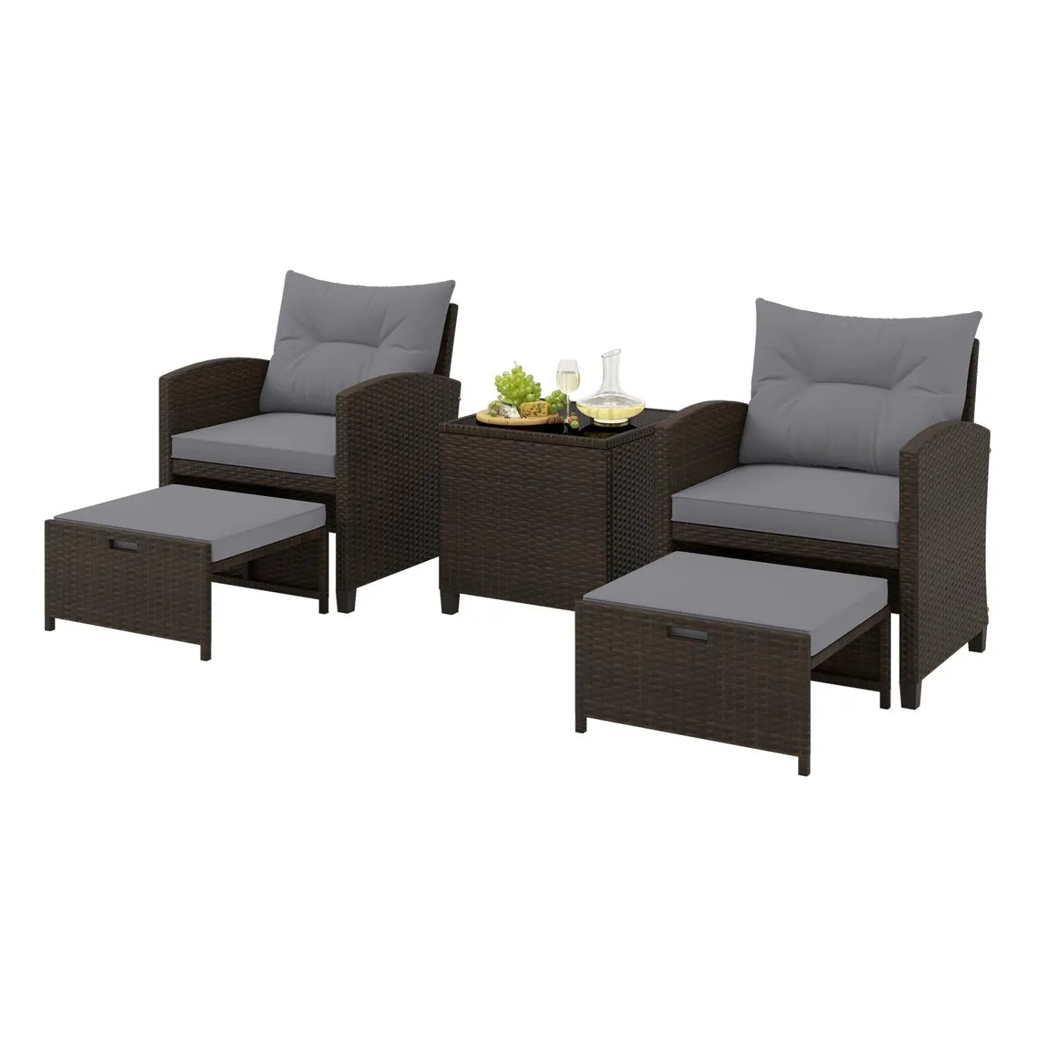 5 Pieces Patio Rattan Furniture with 2 Ottomans and Tempered Glass Coffee Table-Red by DirectDeals