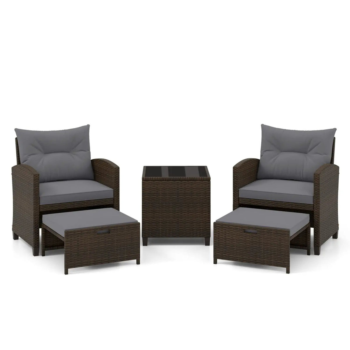 5 Pieces Patio Rattan Furniture with 2 Ottomans and Tempered Glass Coffee Table-Red by DirectDeals