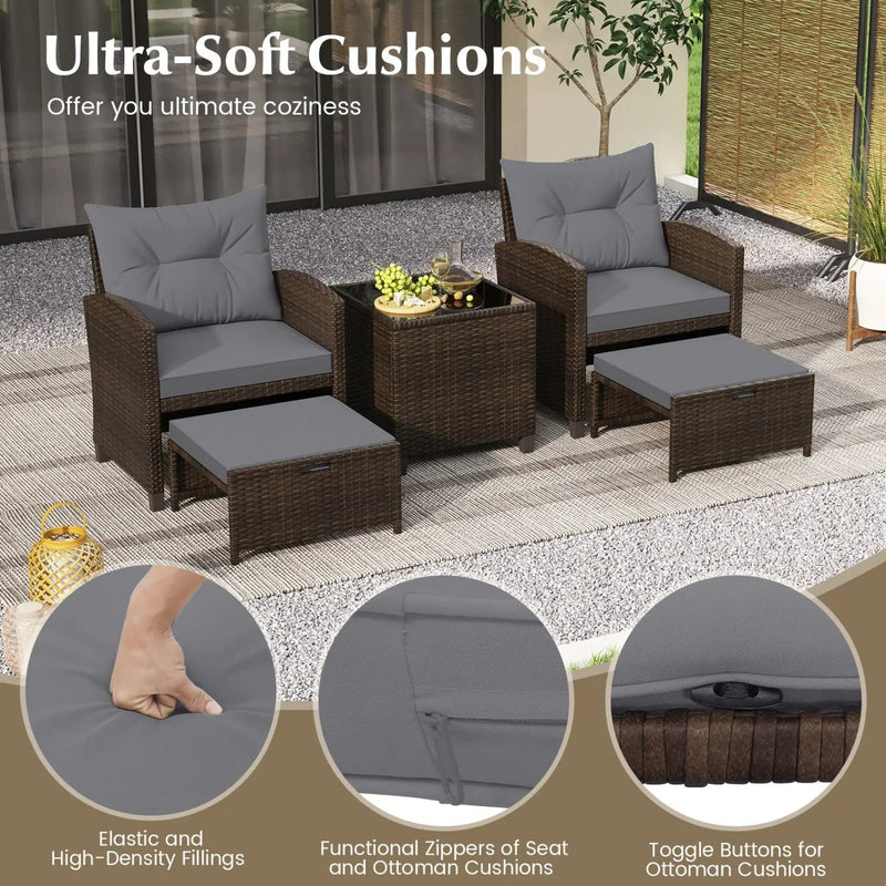 5 Pieces Patio Rattan Furniture with 2 Ottomans and Tempered Glass Coffee Table-Red by DirectDeals