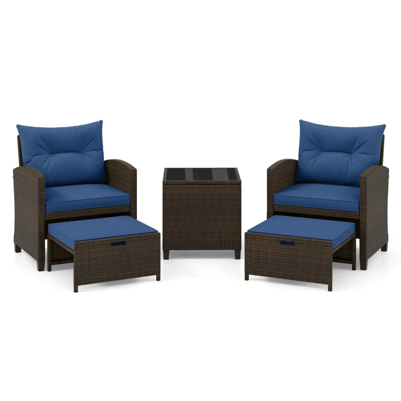 5 Pieces Patio Rattan Furniture with 2 Ottomans and Tempered Glass Coffee Table-Red by DirectDeals
