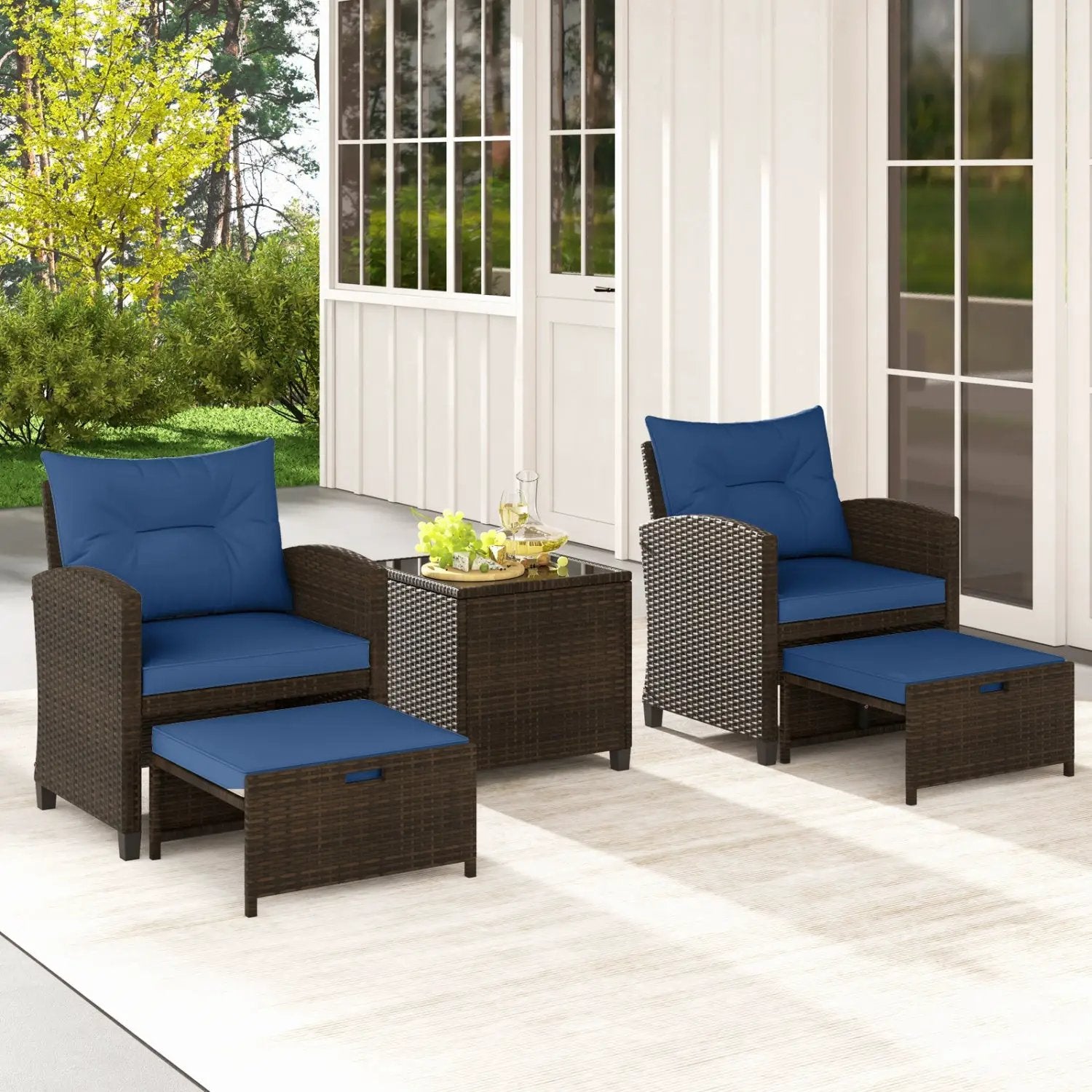 5 Pieces Patio Rattan Furniture with 2 Ottomans and Tempered Glass Coffee Table-Red by DirectDeals