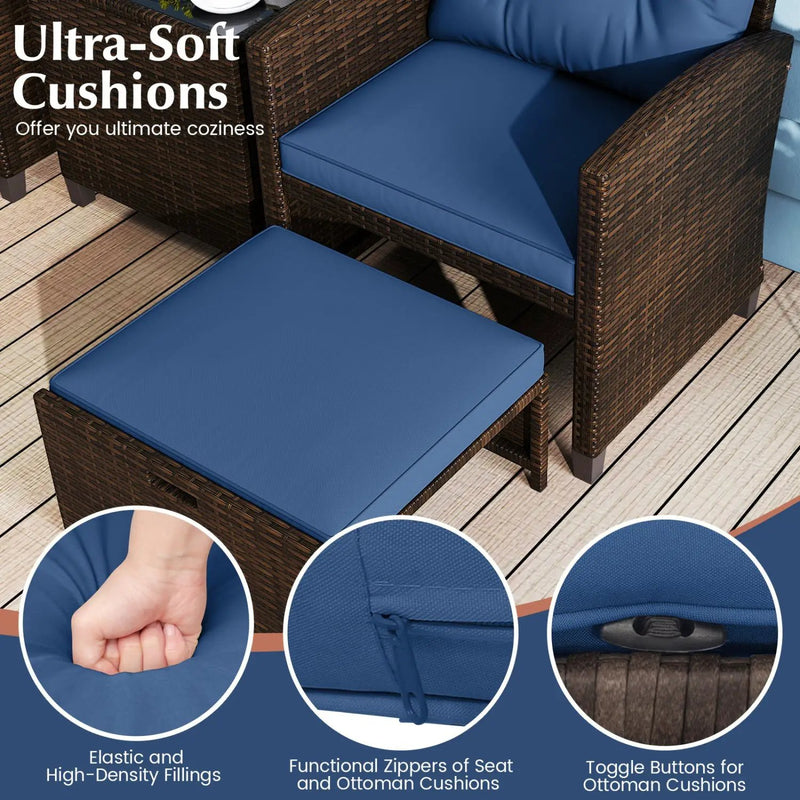 5 Pieces Patio Rattan Furniture with 2 Ottomans and Tempered Glass Coffee Table-Red by DirectDeals