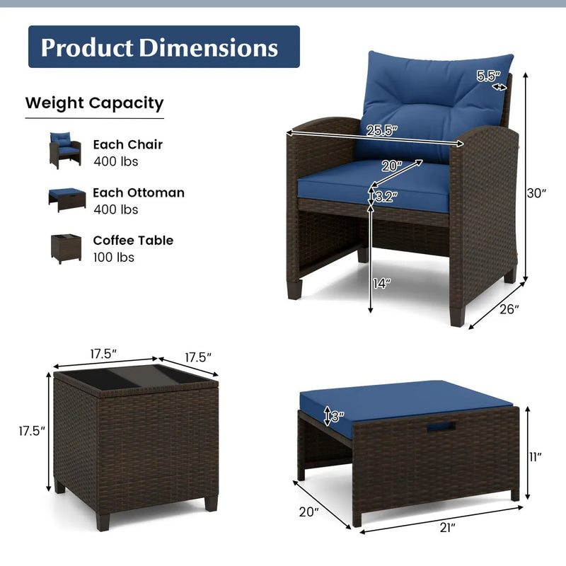 5 Pieces Patio Rattan Furniture with 2 Ottomans and Tempered Glass Coffee Table-Red by DirectDeals
