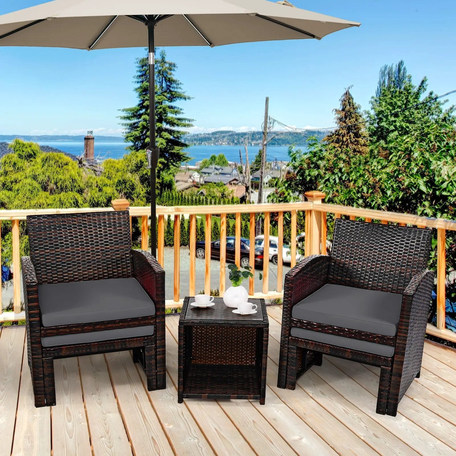 5 Pieces Patio Rattan Furniture Set with Ottoman and Tempered Glass Coffee Table-Gray by DirectDeals