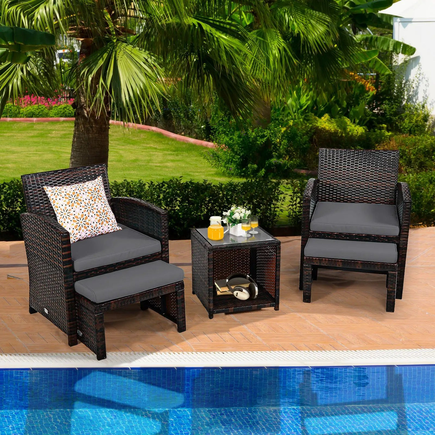 5 Pieces Patio Rattan Furniture Set with Ottoman and Tempered Glass Coffee Table-Gray by DirectDeals
