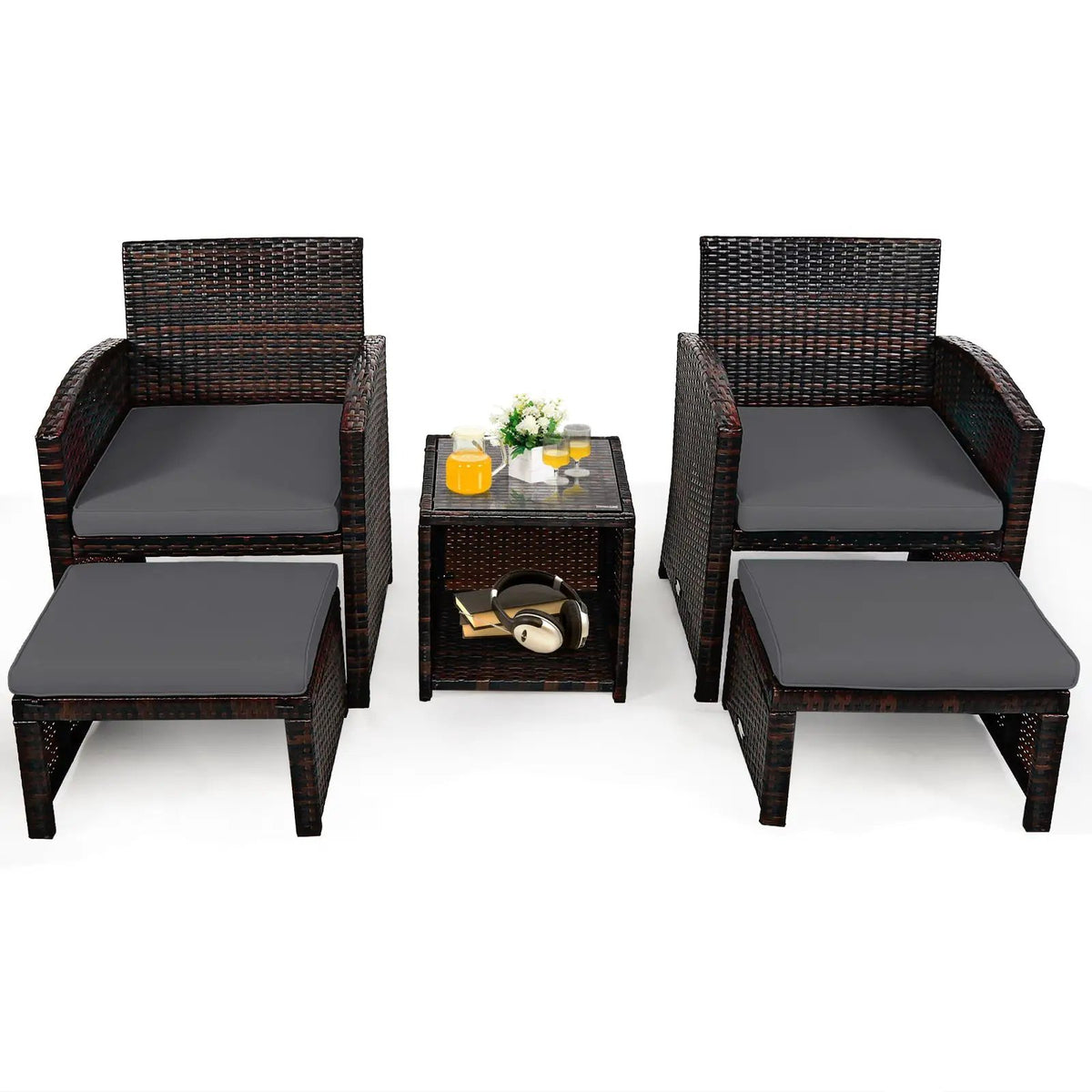 5 Pieces Patio Rattan Furniture Set with Ottoman and Tempered Glass Coffee Table-Gray by DirectDeals