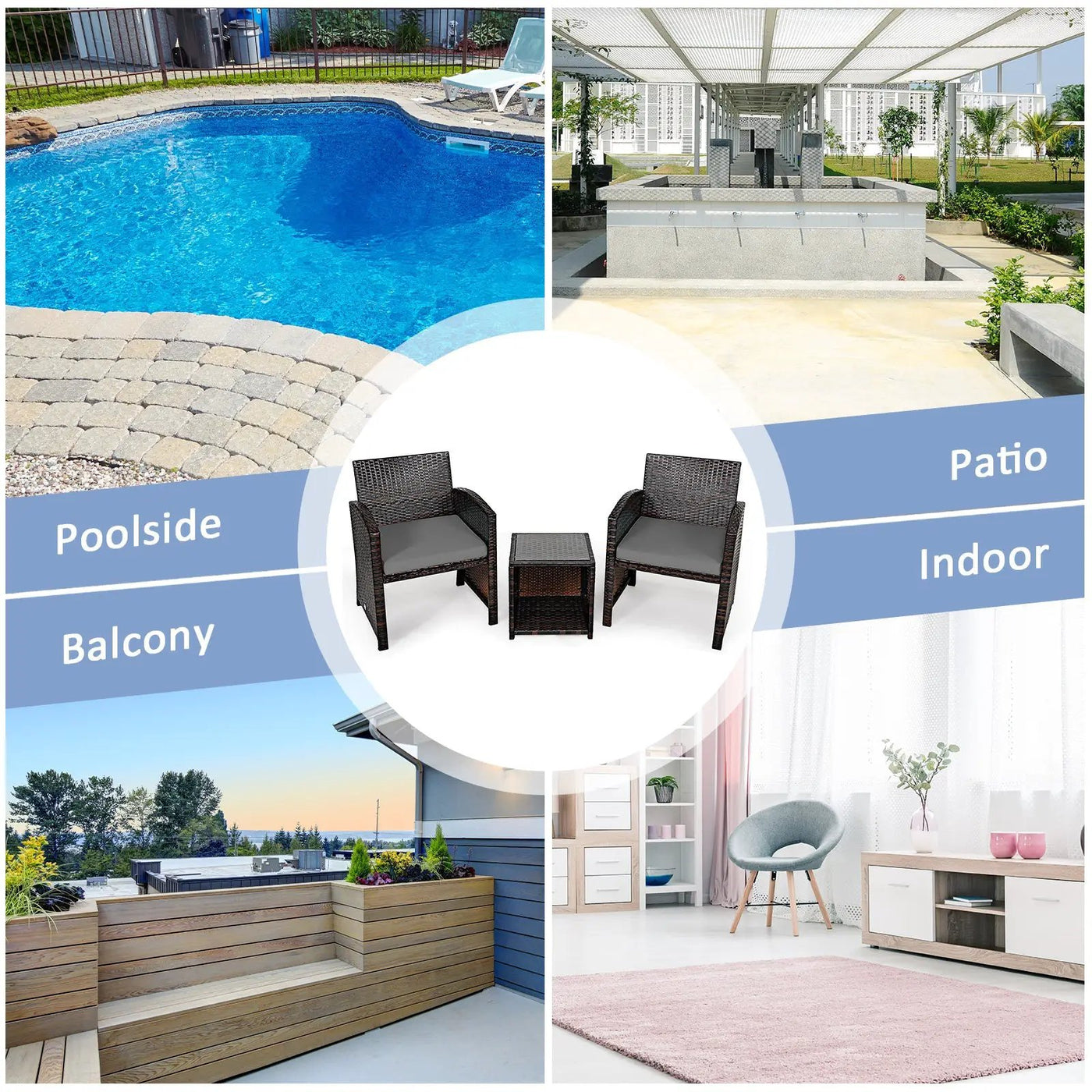 5 Pieces Patio Rattan Furniture Set with Ottoman and Tempered Glass Coffee Table-Gray by DirectDeals