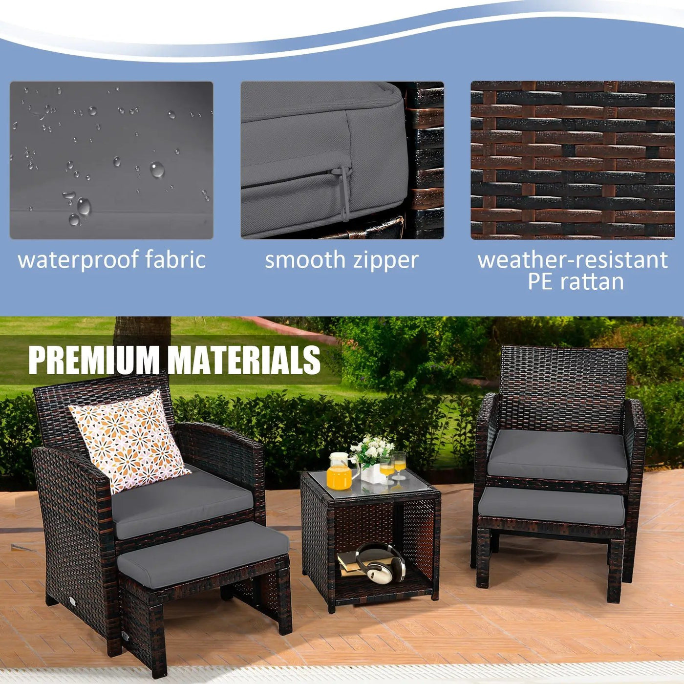 5 Pieces Patio Rattan Furniture Set with Ottoman and Tempered Glass Coffee Table-Gray by DirectDeals