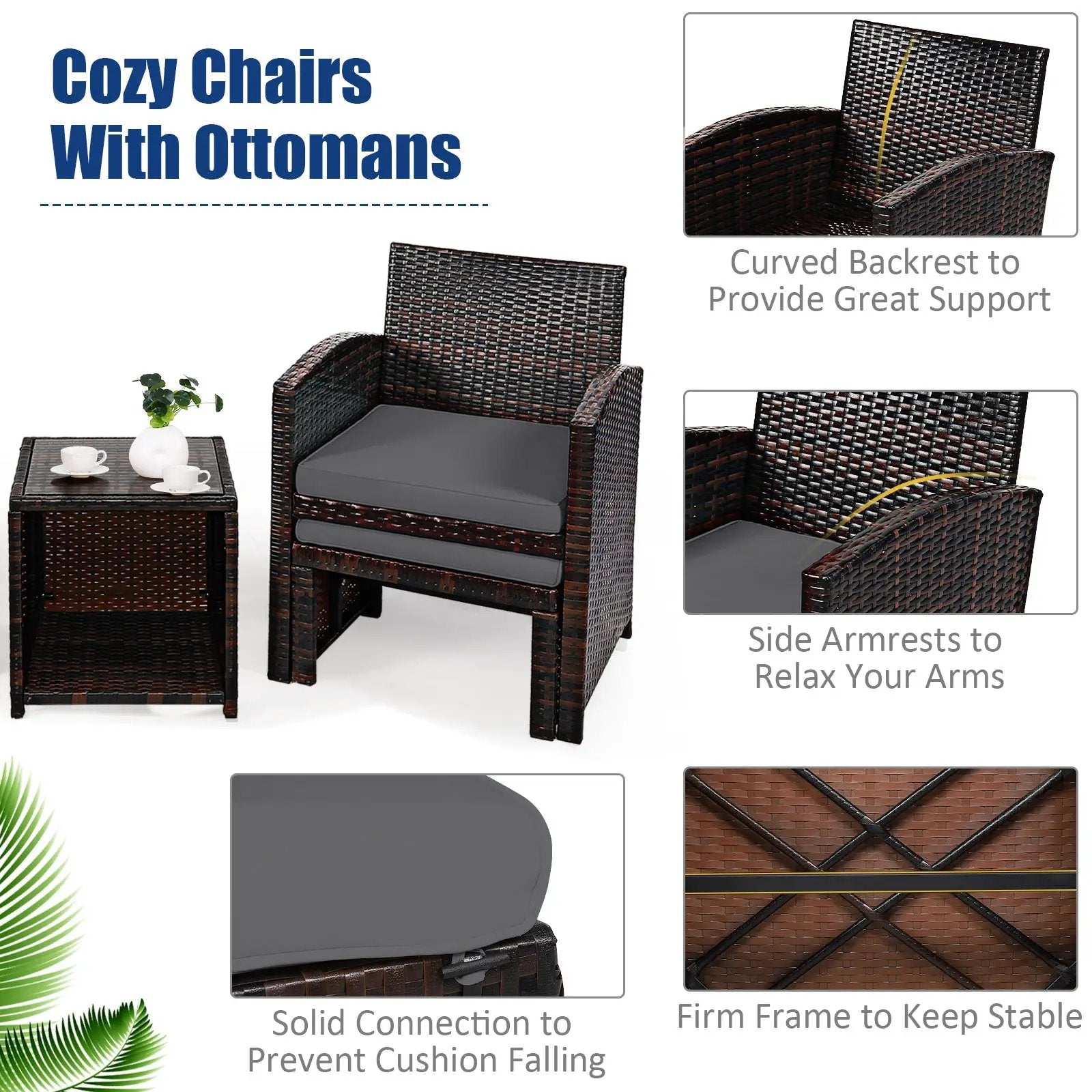 5 Pieces Patio Rattan Furniture Set with Ottoman and Tempered Glass Coffee Table-Gray by DirectDeals