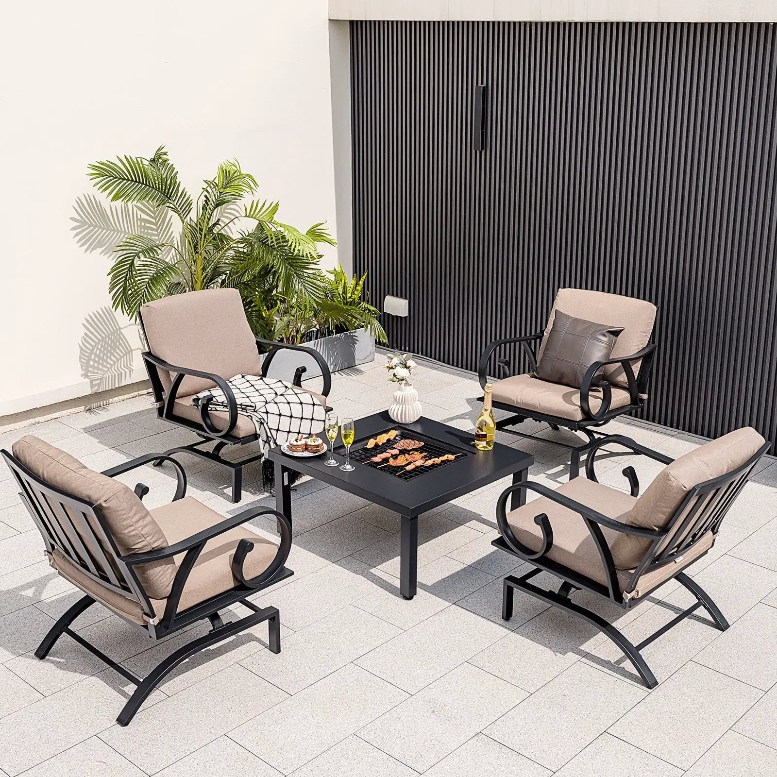 5 Pieces Patio Rocking Chairs and 4-in-1 Fire Pit Table with Fire Poker by DirectDeals