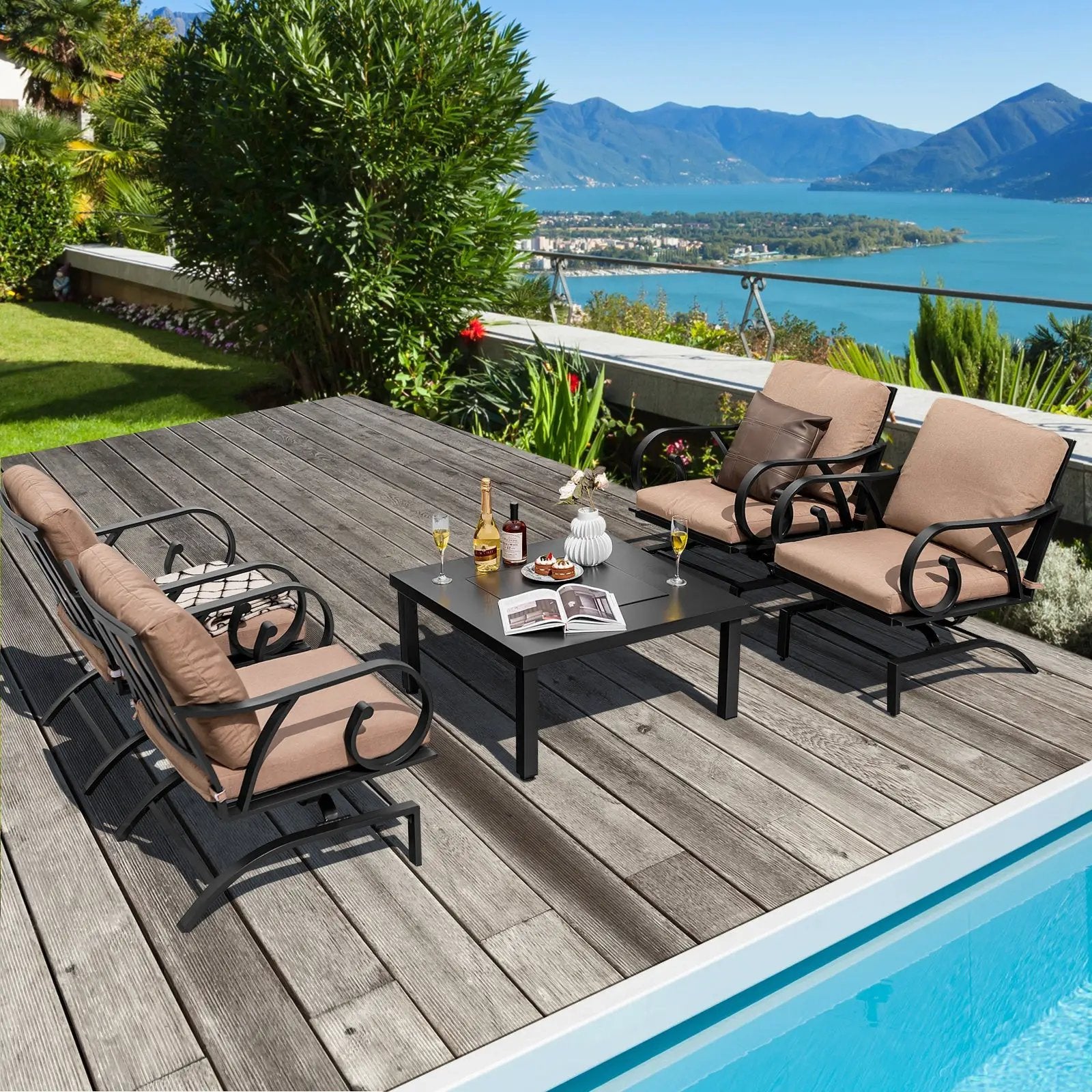 5 Pieces Patio Rocking Chairs and 4-in-1 Fire Pit Table with Fire Poker by DirectDeals