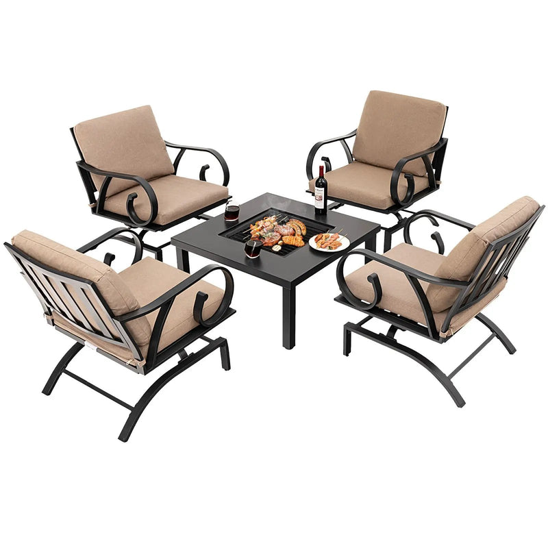 5 Pieces Patio Rocking Chairs and 4-in-1 Fire Pit Table with Fire Poker by DirectDeals