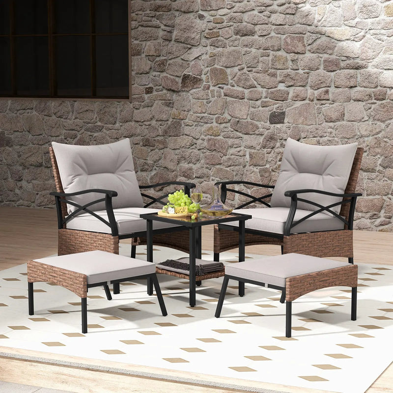 5 Pieces Wicker Patio Furniture Set Ottomans and Cushions and 2-Tier Tempered Glass Side Table-Brown by DirectDeals