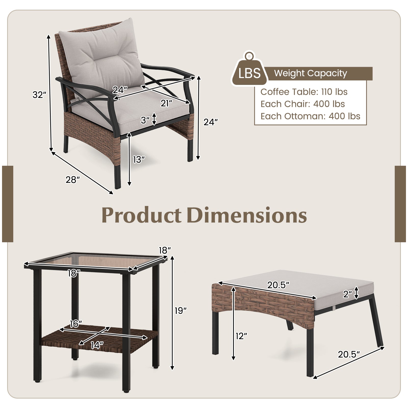 5 Pieces Wicker Patio Furniture Set Ottomans and Cushions and 2-Tier Tempered Glass Side Table-Brown by DirectDeals