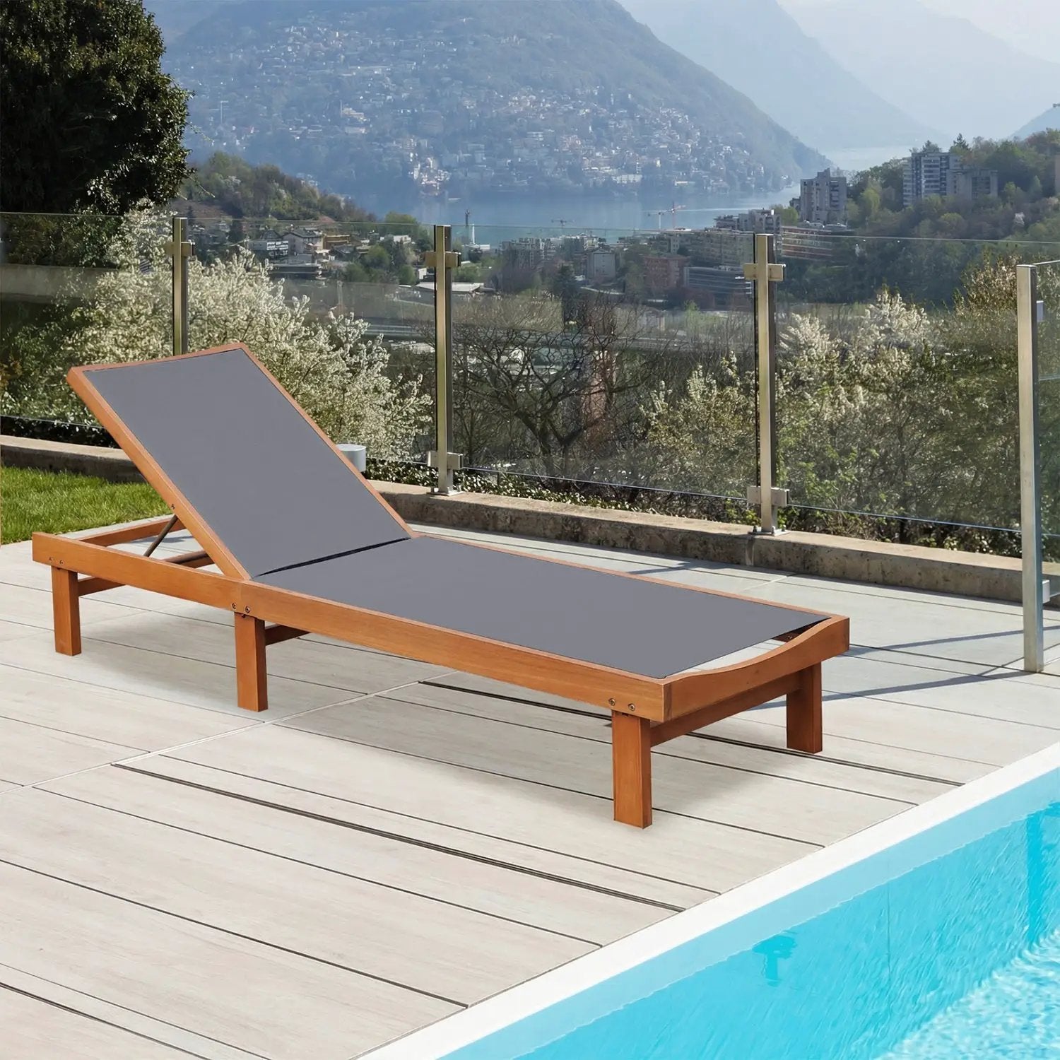 Adjustable Wood Chaise Lounge Chair with 5-Position Backrest by DirectDeals