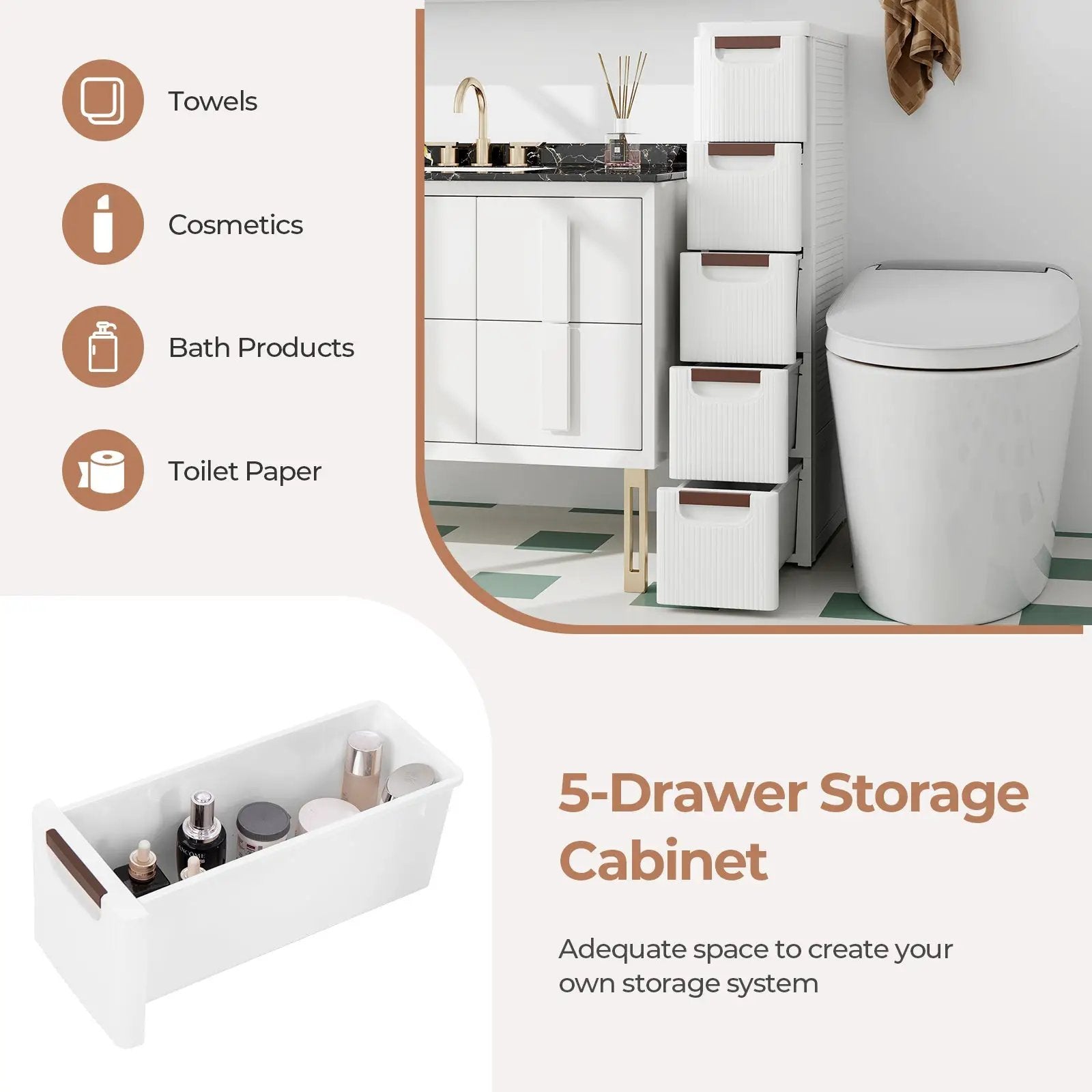 3/4/5/6-Drawer Rolling Organizer Unit Narrow Storage Cabinet with Built-In Wheels for Small Space-5-Drawer by DirectDeals