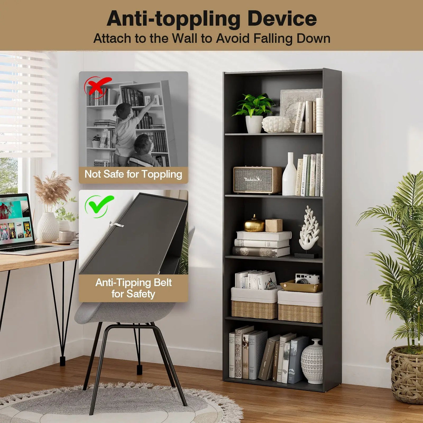 5-Shelf Storage Bookcase Modern Multi-Functional Display Cabinet by DirectDeals