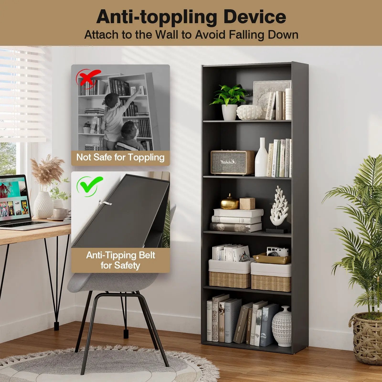 5-Shelf Storage Bookcase Modern Multi-Functional Display Cabinet by DirectDeals