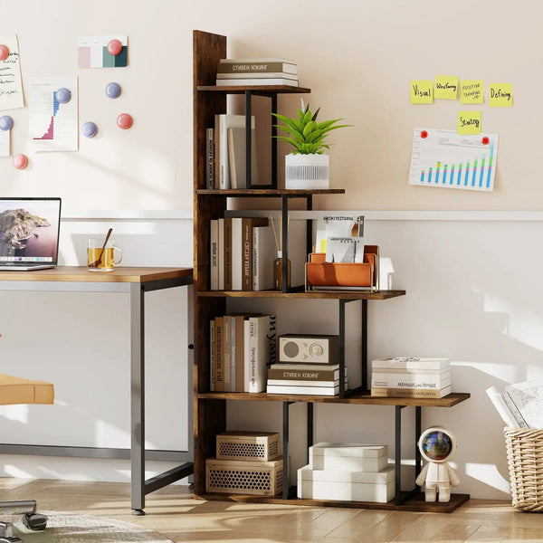 5-Tier Stepped Bookshelf 62" Tall with Metal Frame