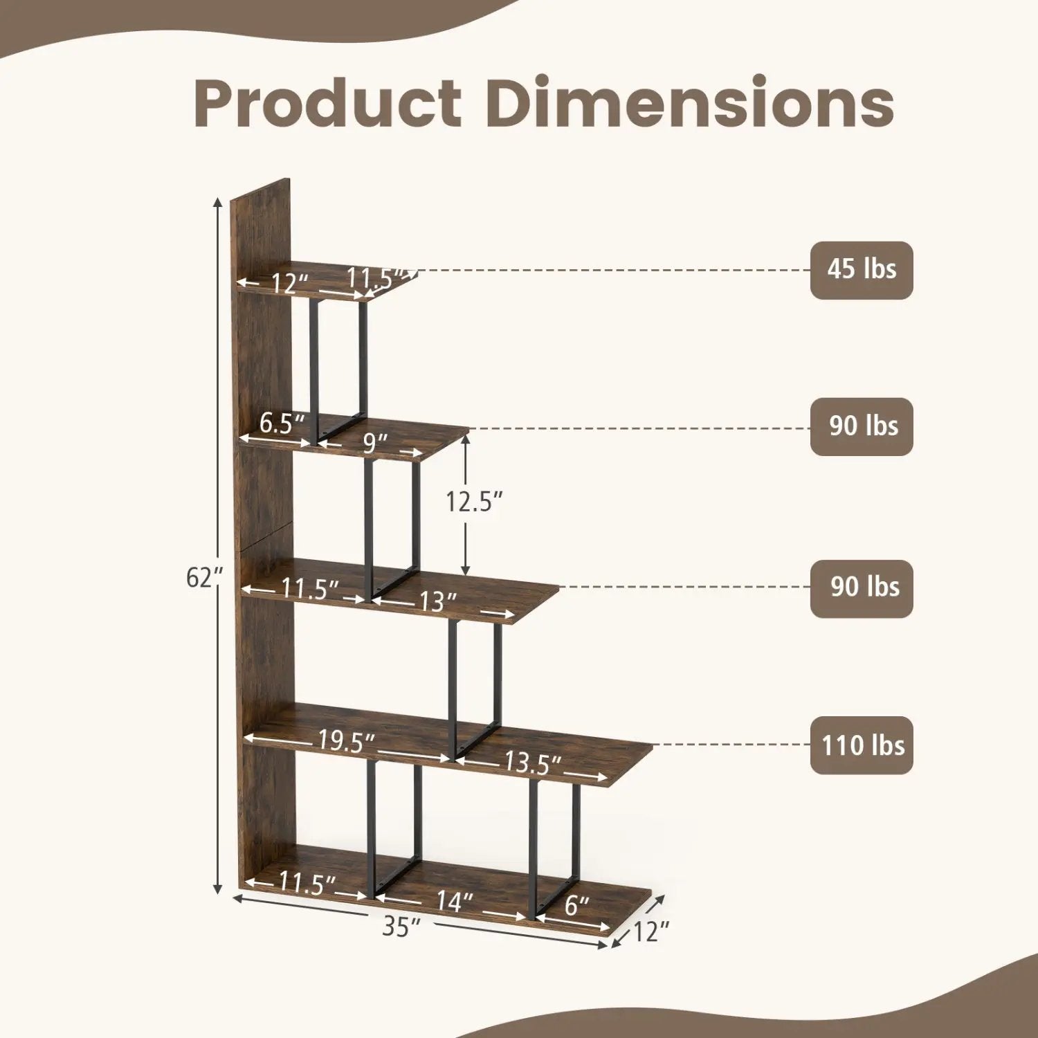 5-Tier Stepped Bookshelf 62" Tall with Metal Frame by DirectDeals