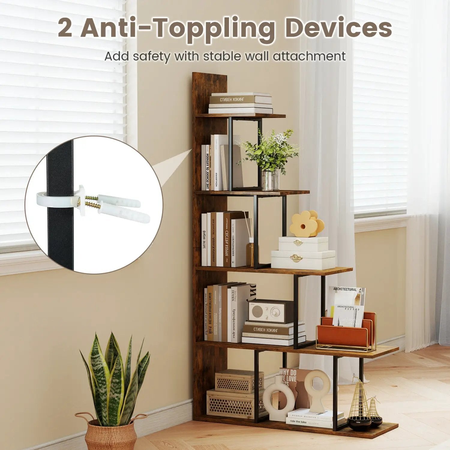5-Tier Stepped Bookshelf 62" Tall with Metal Frame by DirectDeals