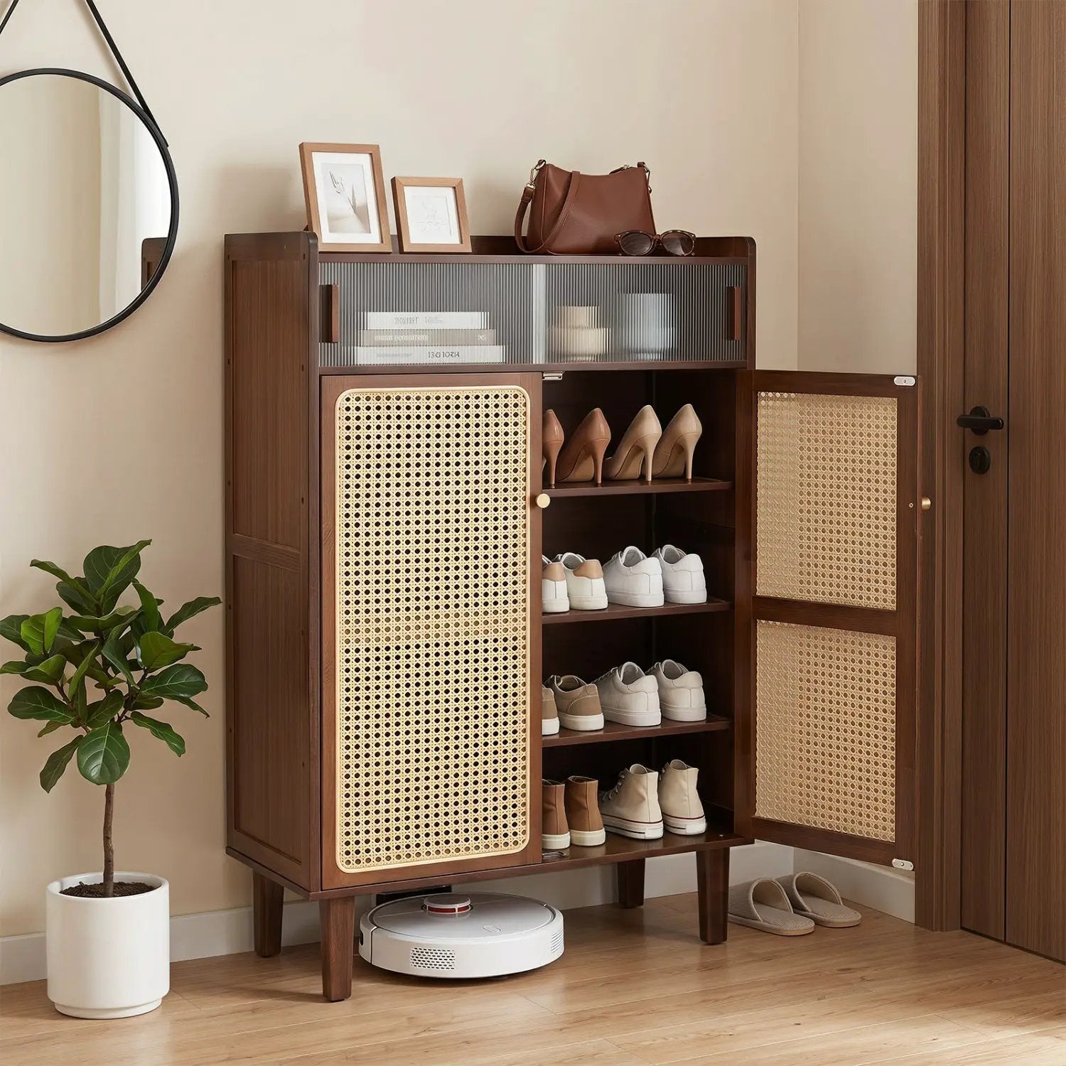 5-Tier Bamboo Shoe Cabinet with Woven Rattan Sliding Doors by DirectDeals