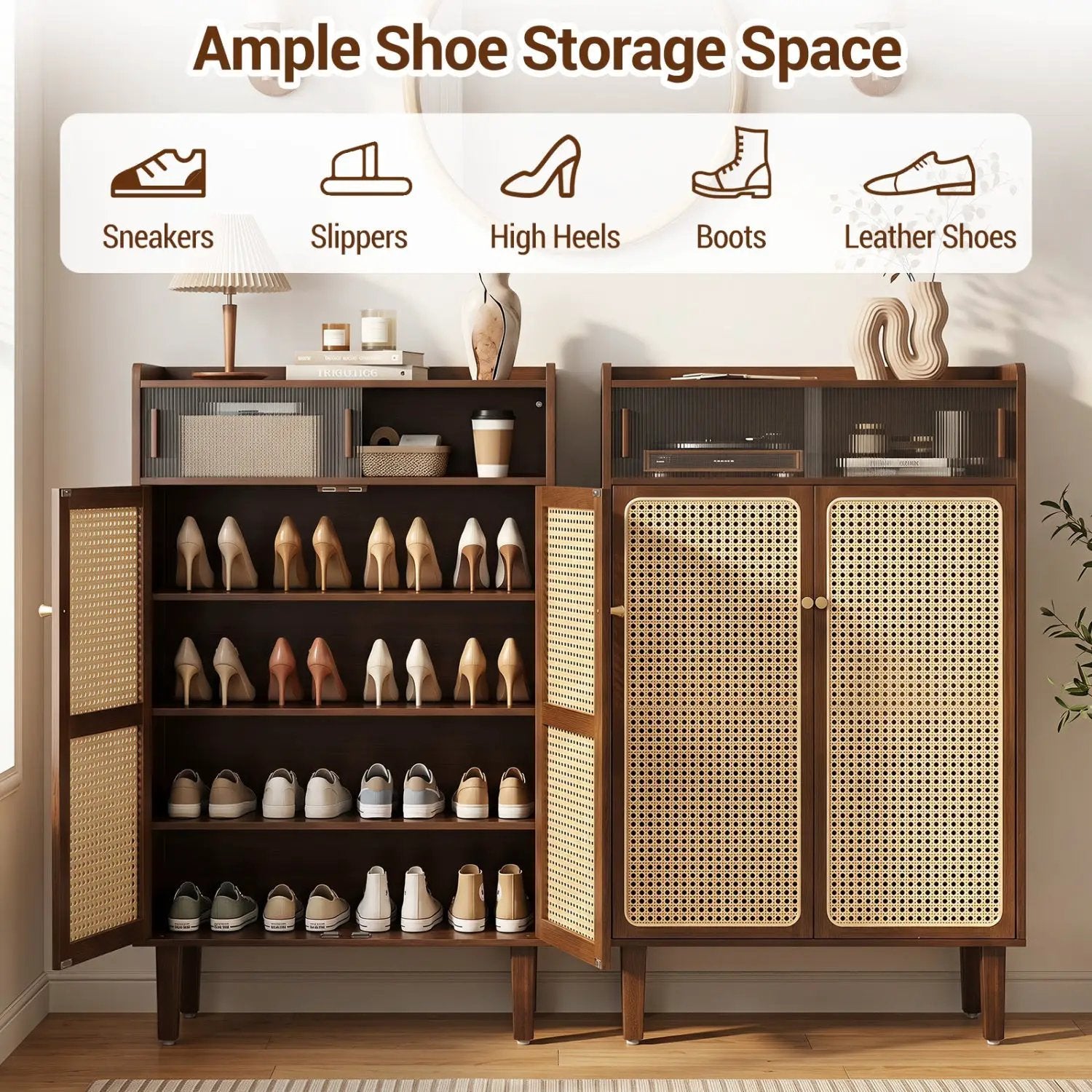 5-Tier Bamboo Shoe Cabinet with Woven Rattan Sliding Doors by DirectDeals