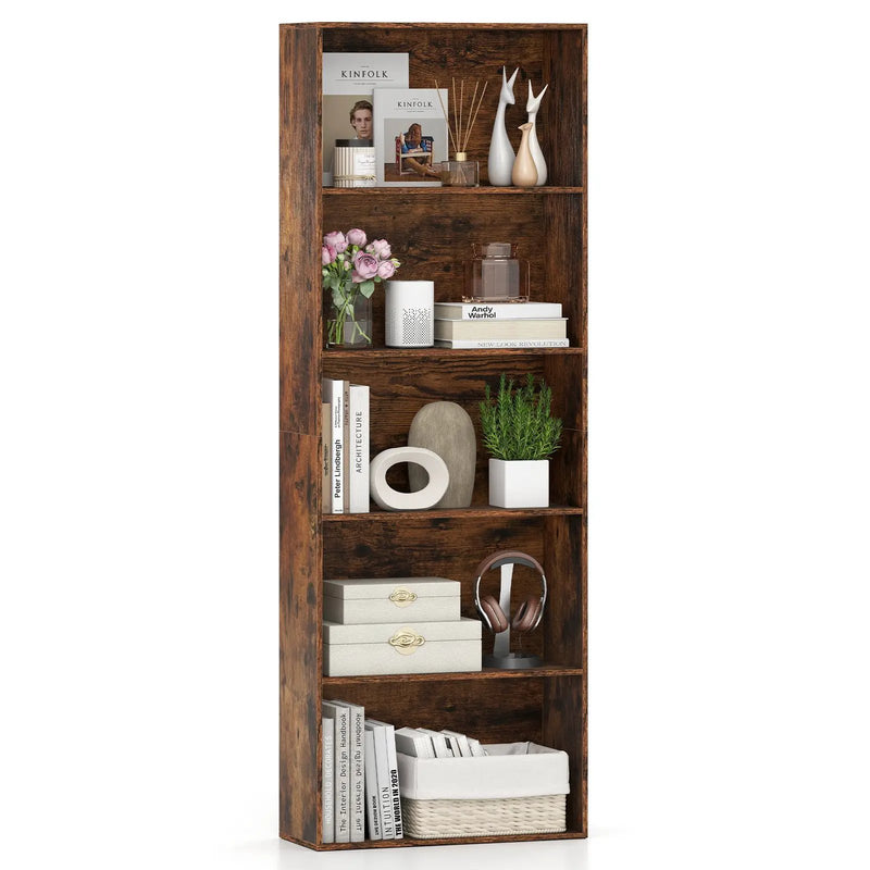 5-Tier Bookshelf Open Bookcase Freestanding Display Shelf Storage Organizer-Rustic Brown by DirectDeals