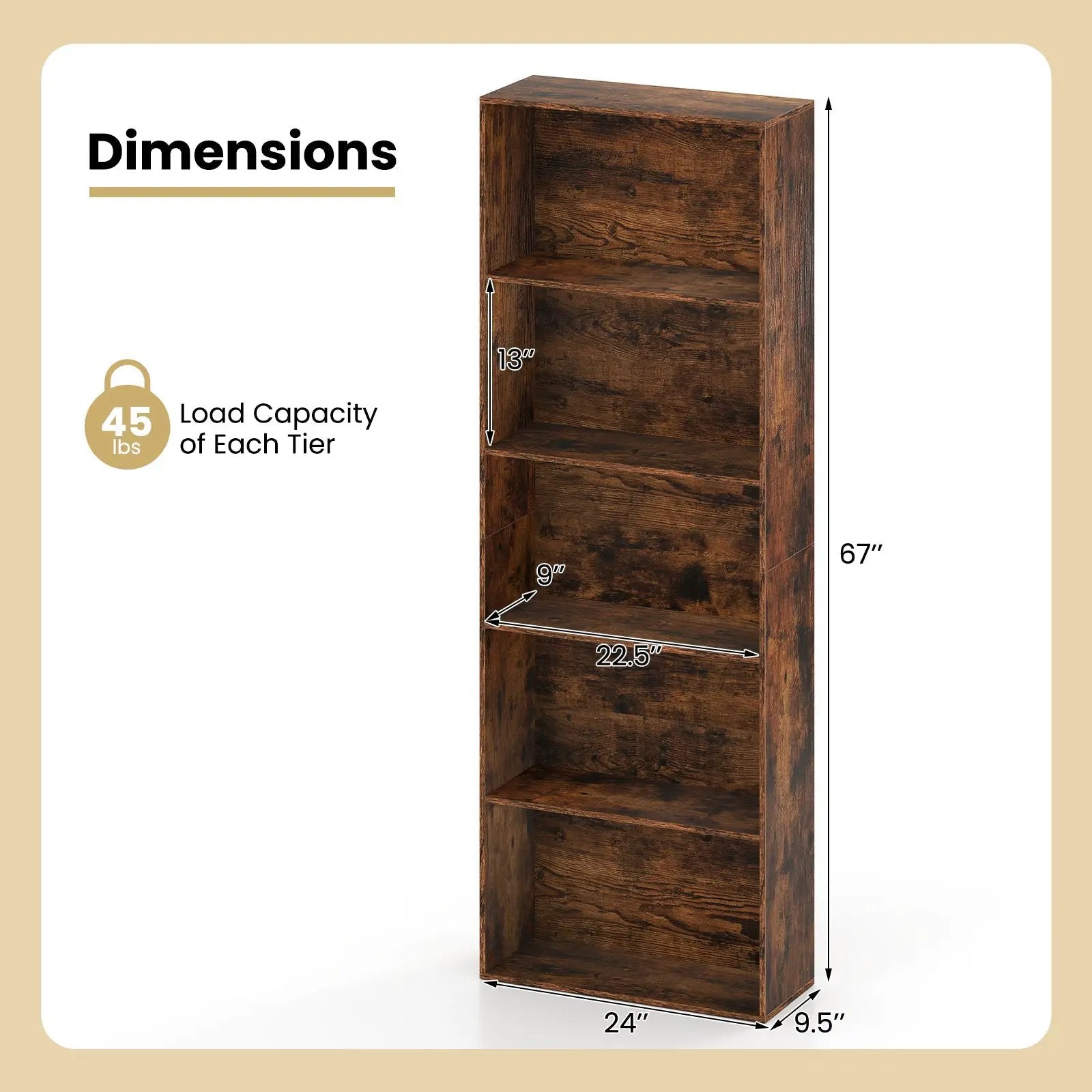 5-Tier Bookshelf Open Bookcase Freestanding Display Shelf Storage Organizer-Rustic Brown by DirectDeals