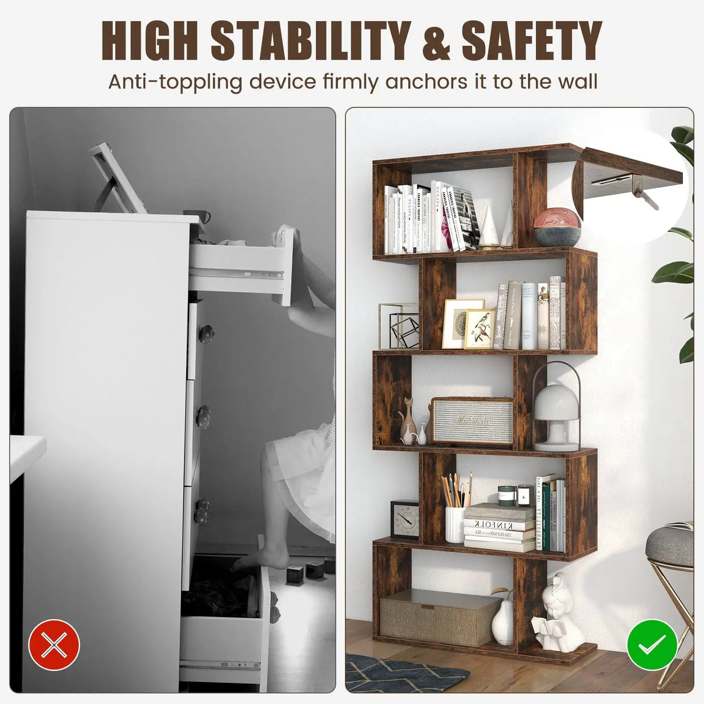 5-Tier Bookshelf with Anti-Toppling Device for Living Room Home Office by DirectDeals
