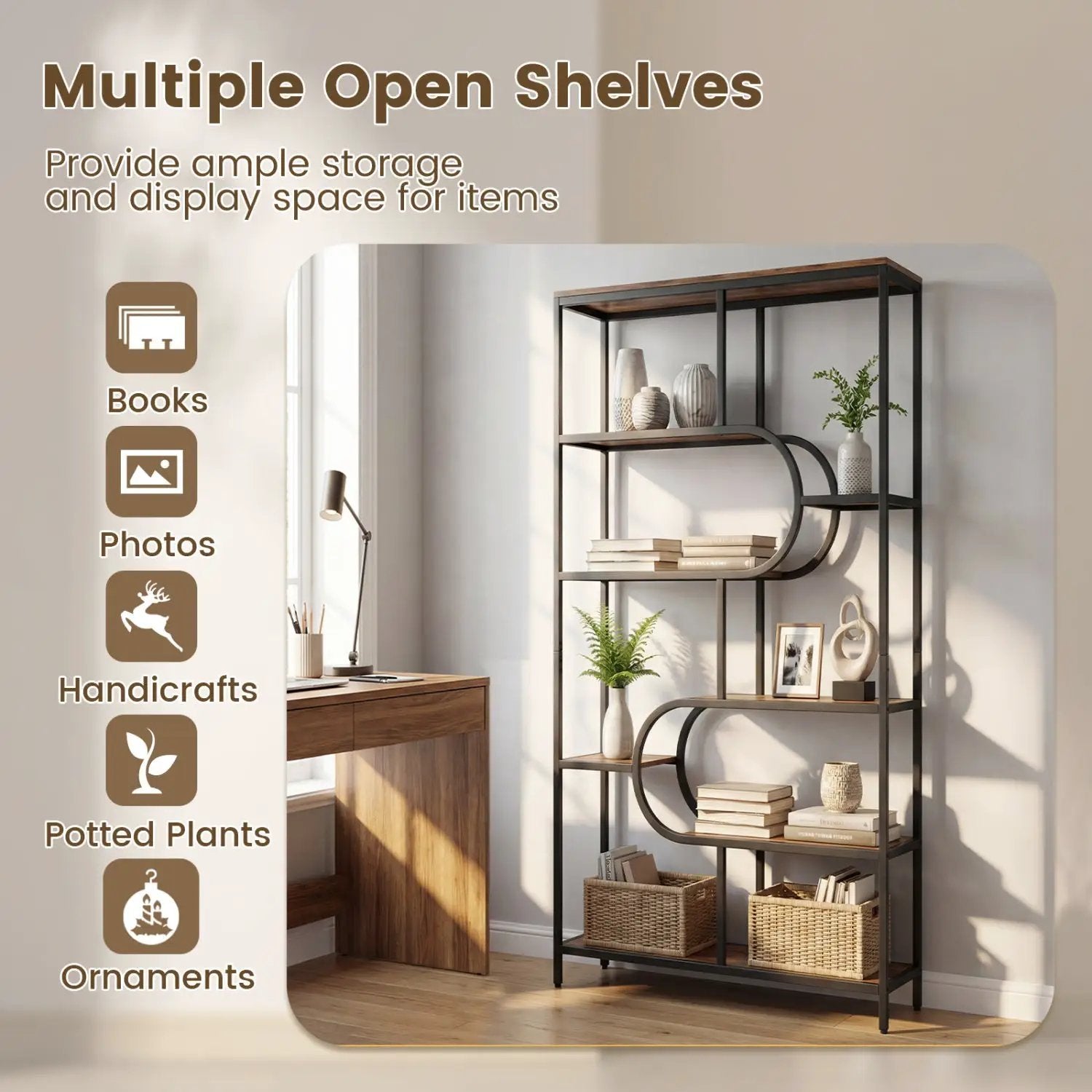 5-Tier Bookshelf Tall Etagere Bookcase with Open Storage Shelves and U Shape by DirectDeals