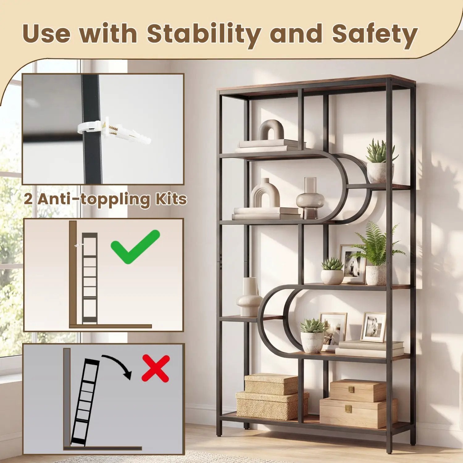 5-Tier Bookshelf Tall Etagere Bookcase with Open Storage Shelves and U Shape by DirectDeals
