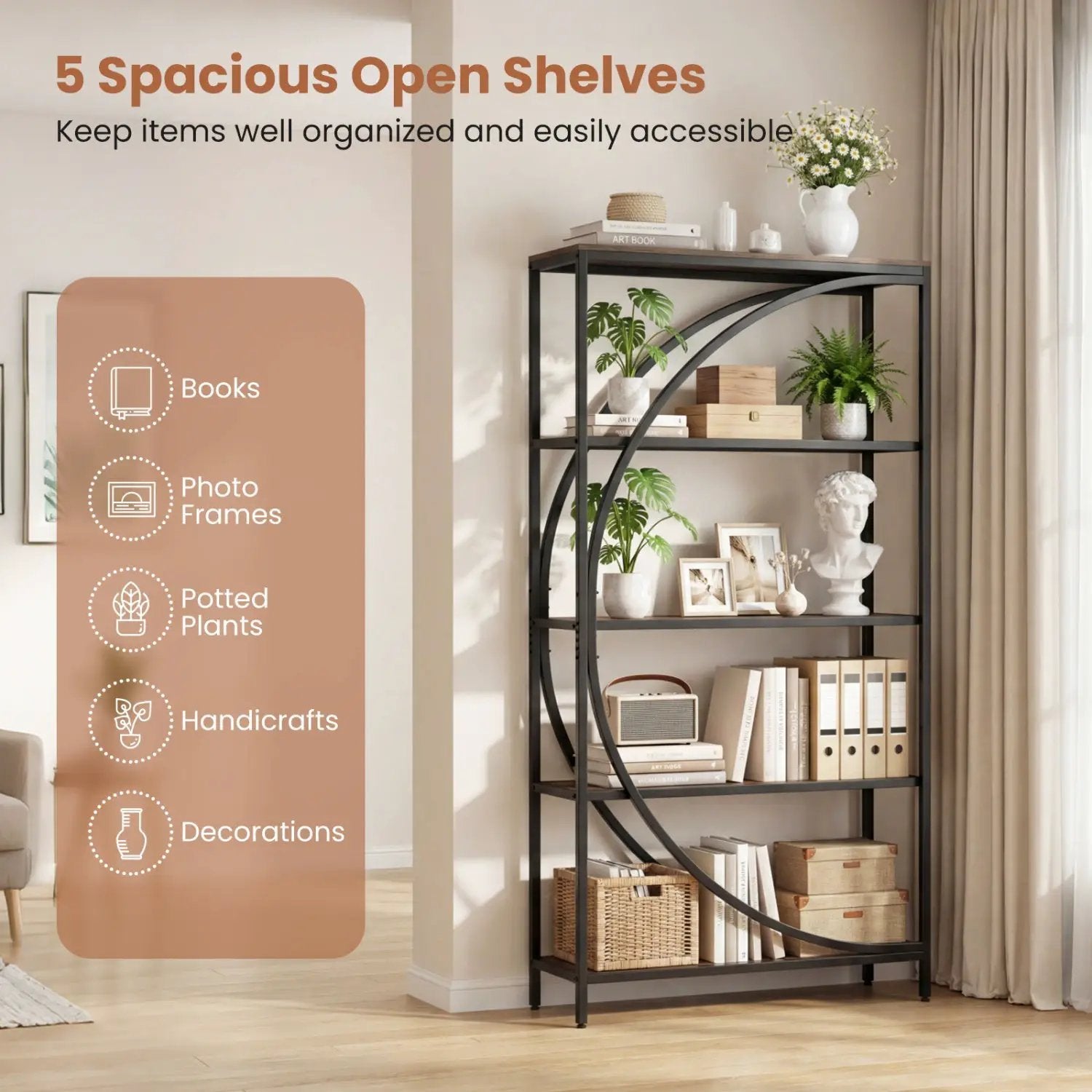 5-Tier Bookshelf with Half-Moon Shape for Living Room and Home Office by DirectDeals