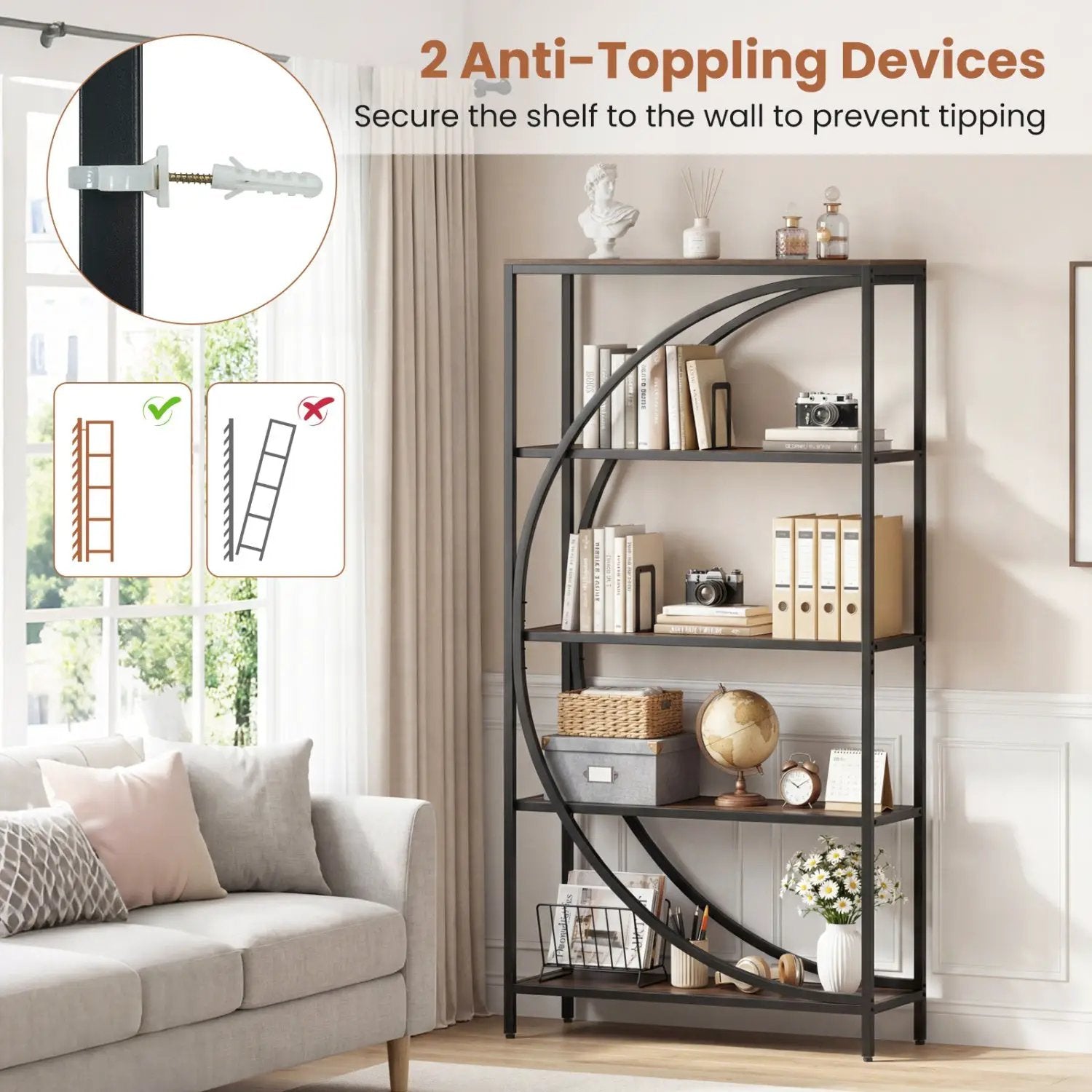 5-Tier Bookshelf with Half-Moon Shape for Living Room and Home Office by DirectDeals