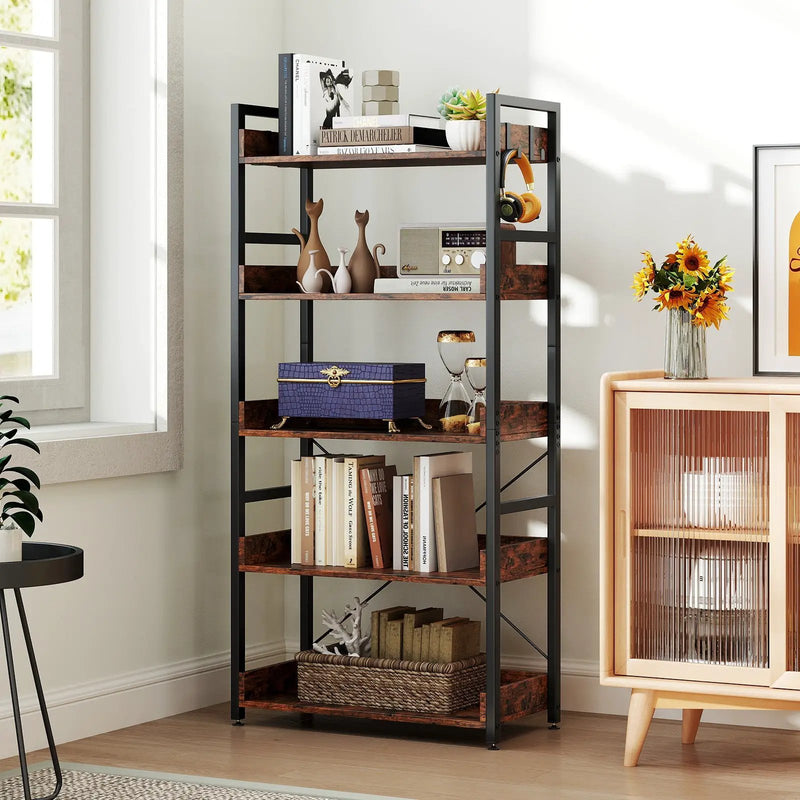5-Tier Bookshelf with 4 Hooks Industrial Storage Bookcase-Rustic Brown by DirectDeals