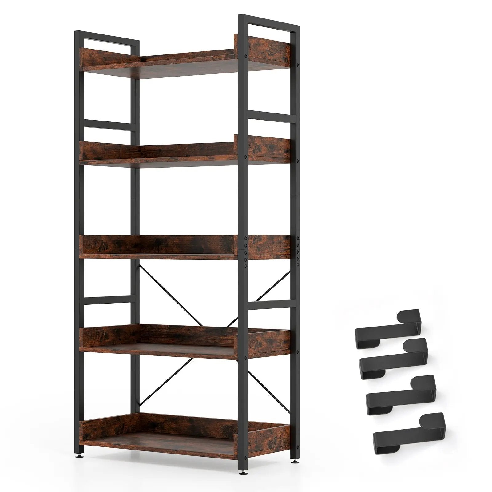 5-Tier Bookshelf with 4 Hooks Industrial Storage Bookcase-Rustic Brown by DirectDeals