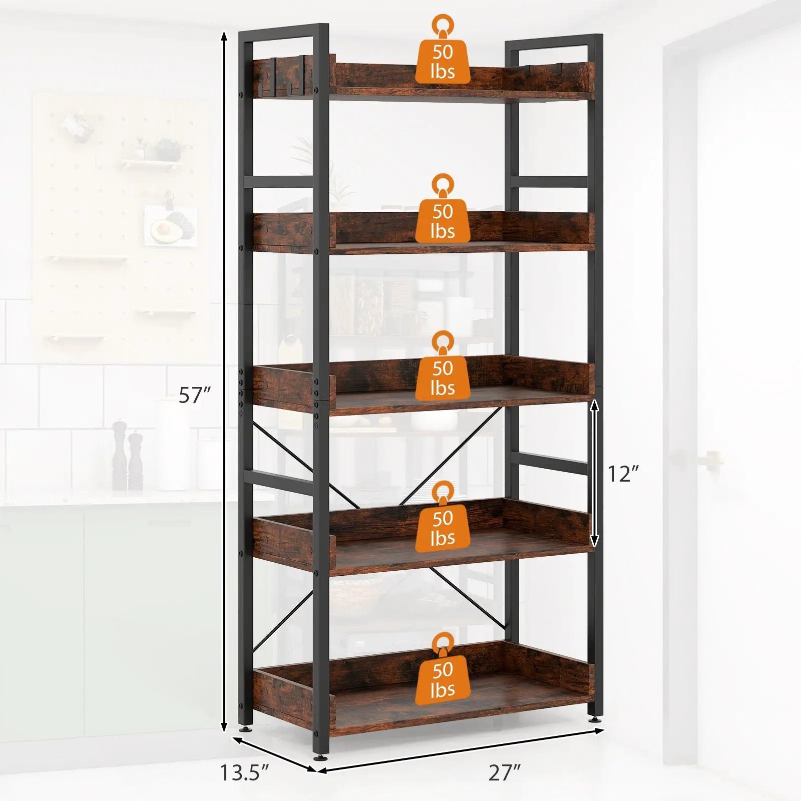 5-Tier Bookshelf with 4 Hooks Industrial Storage Bookcase-Rustic Brown by DirectDeals