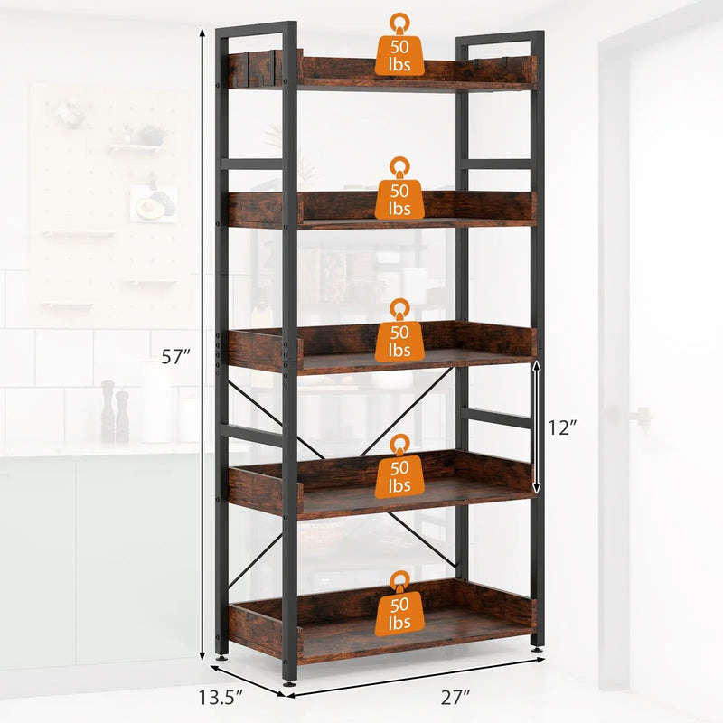 5-Tier Bookshelf with 4 Hooks Industrial Storage Bookcase-Rustic Brown by DirectDeals