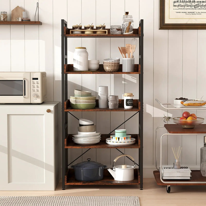 5-Tier Bookshelf with 4 Hooks Industrial Storage Bookcase-Rustic Brown by DirectDeals