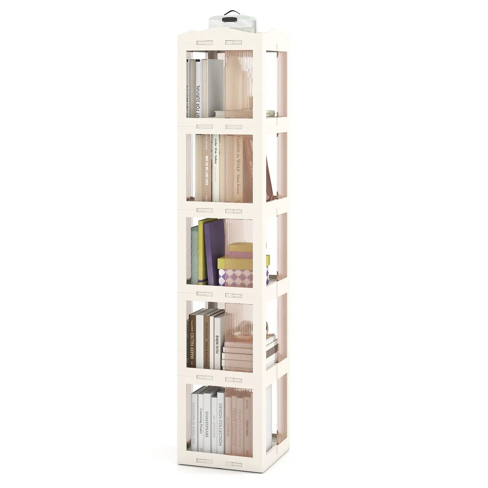 5-Tier Foldable Rotating Bookshelf 360¬∞ Spinning Bookcase with Swivel Base-White by DirectDeals