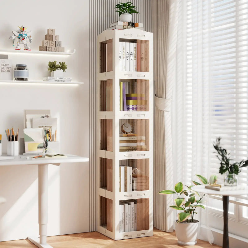 5-Tier Foldable Rotating Bookshelf 360¬∞ Spinning Bookcase with Swivel Base-White by DirectDeals