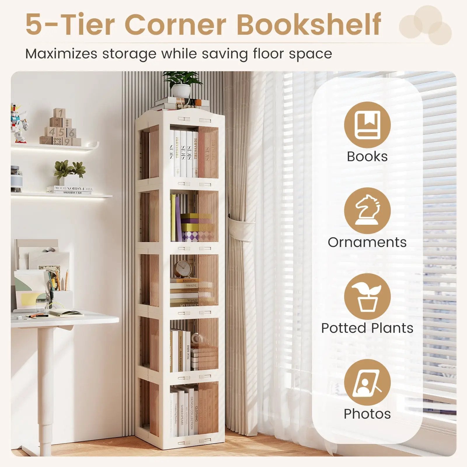 5-Tier Foldable Rotating Bookshelf 360¬∞ Spinning Bookcase with Swivel Base-White by DirectDeals