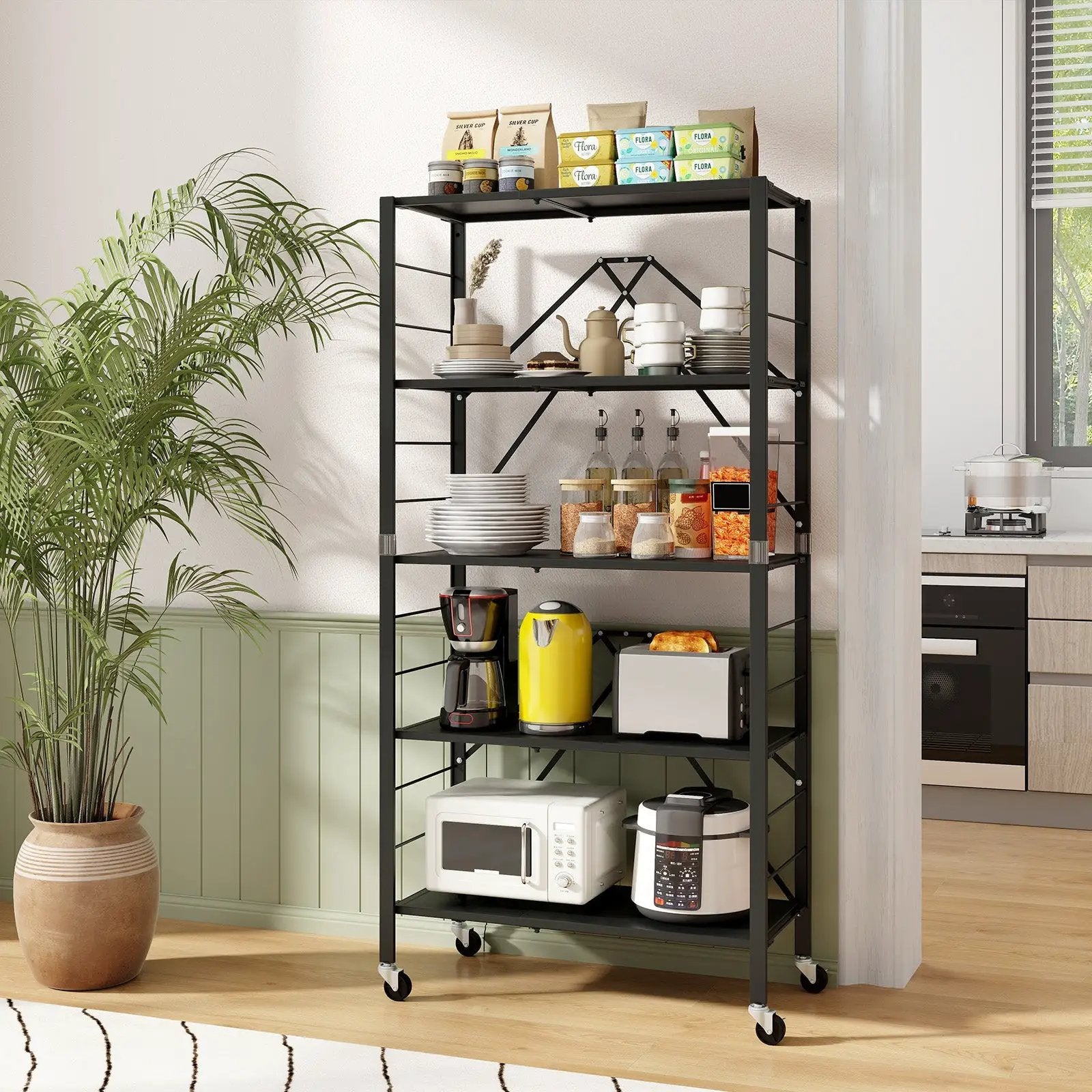 5-Tier Foldable Storage Shelf with Wheels-Black by DirectDeals