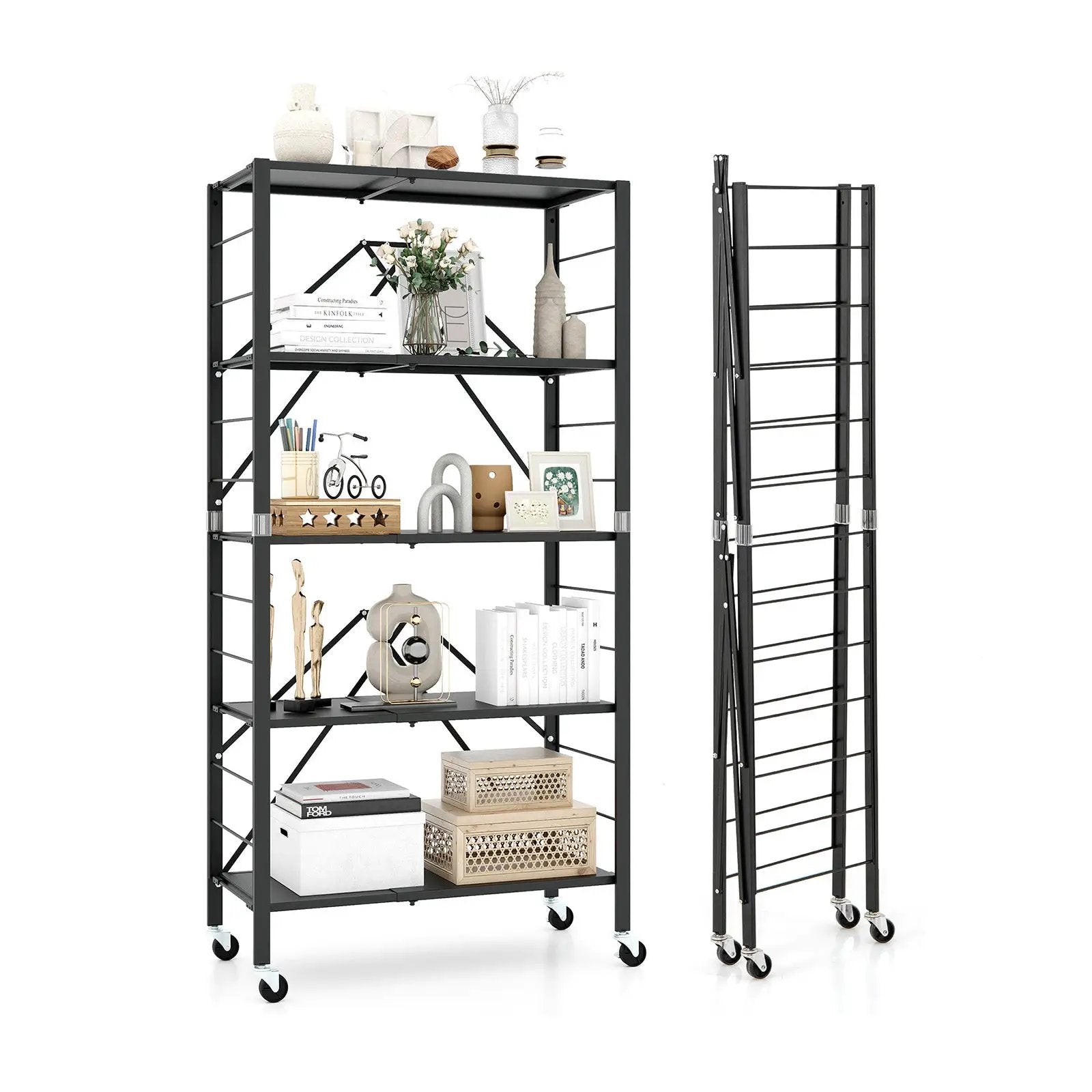 5-Tier Foldable Storage Shelf with Wheels-Black by DirectDeals