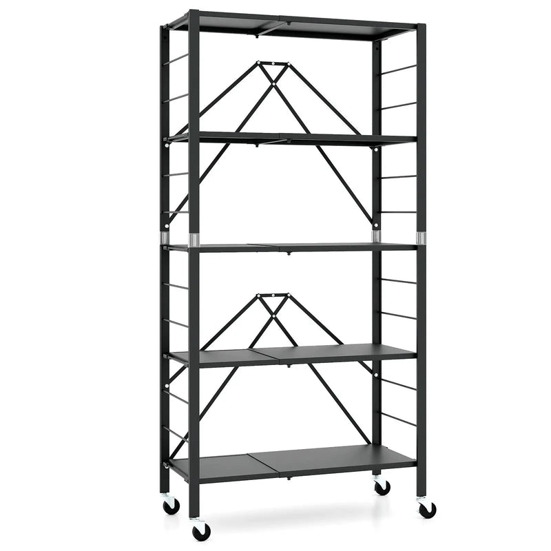 5-Tier Foldable Storage Shelf with Wheels-Black by DirectDeals
