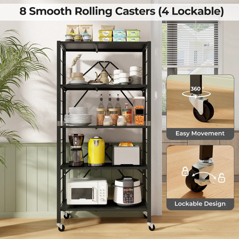 5-Tier Foldable Storage Shelf with Wheels-Black by DirectDeals
