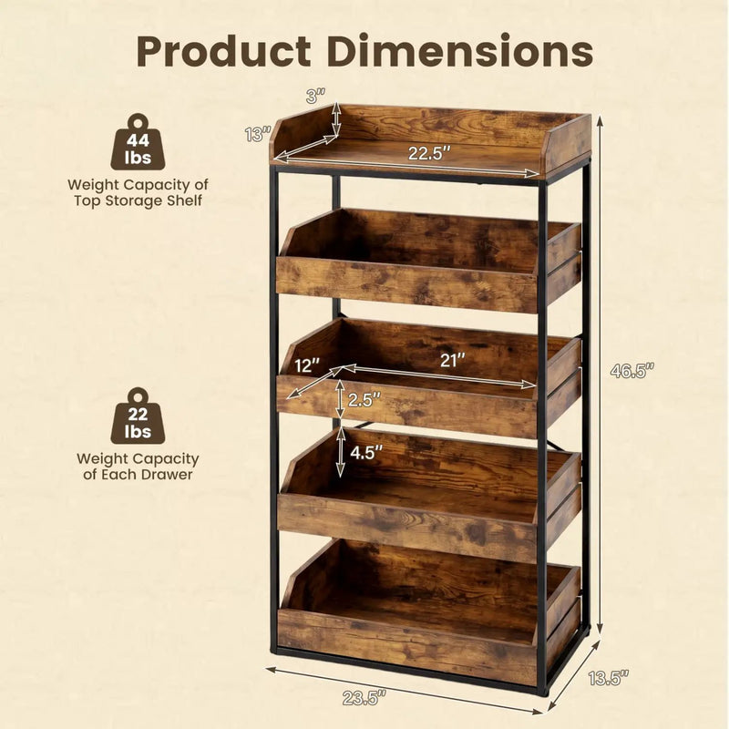 5-Tier Food Storage Rack with Pull-Out Drawers, Rustic Brown by DirectDeals