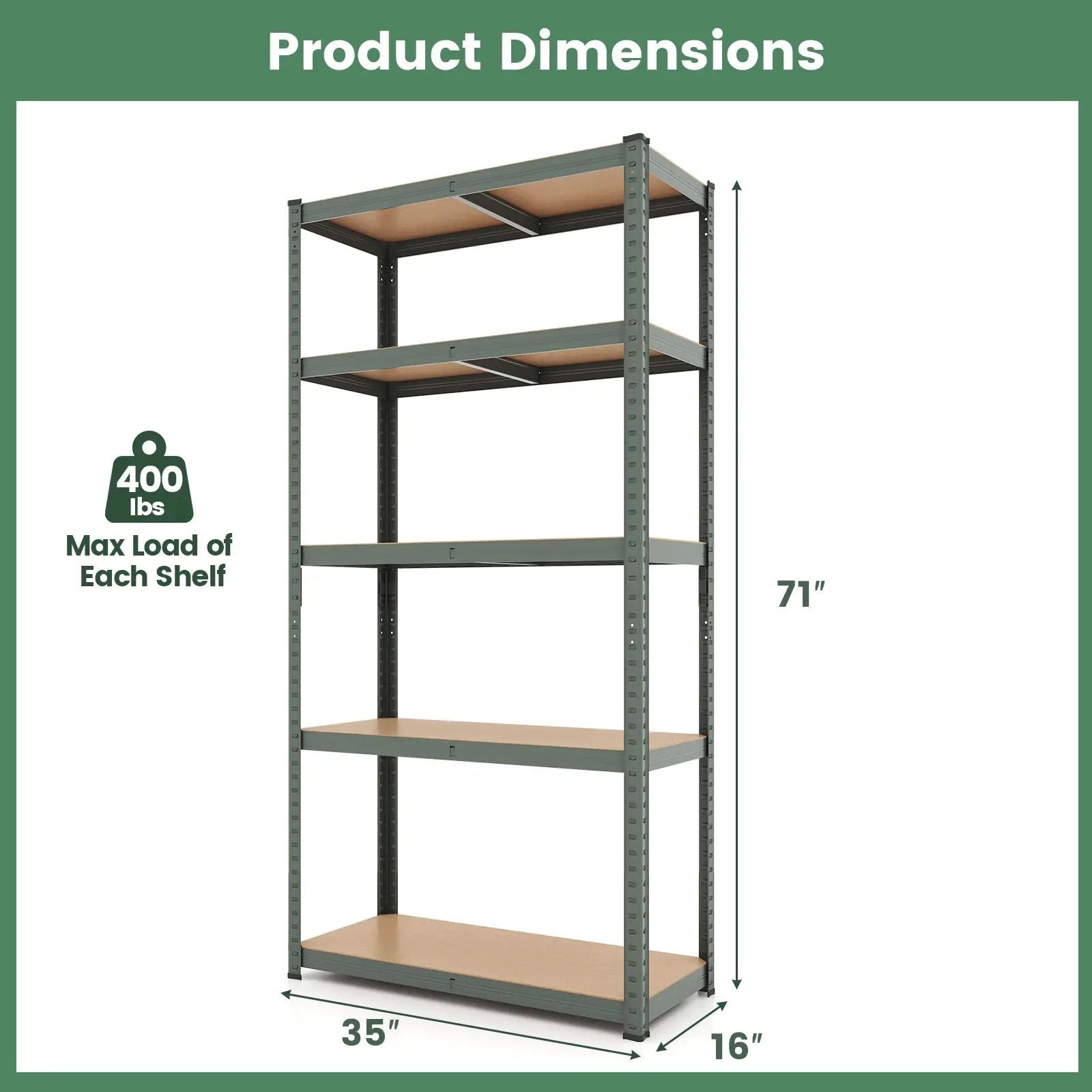 5-Tier Heavy Duty Metal Shelving Unit with 2000 LBS Total Load Capacity by DirectDeals