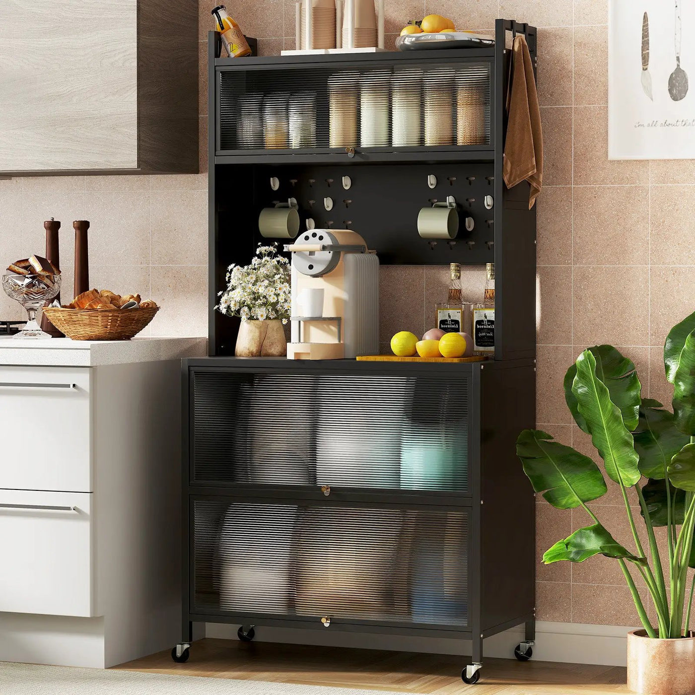 5 Tier Kitchen Bakers Rack with Lights Multifunctional Microwave Stand with Flip Door Cabinets by DirectDeals