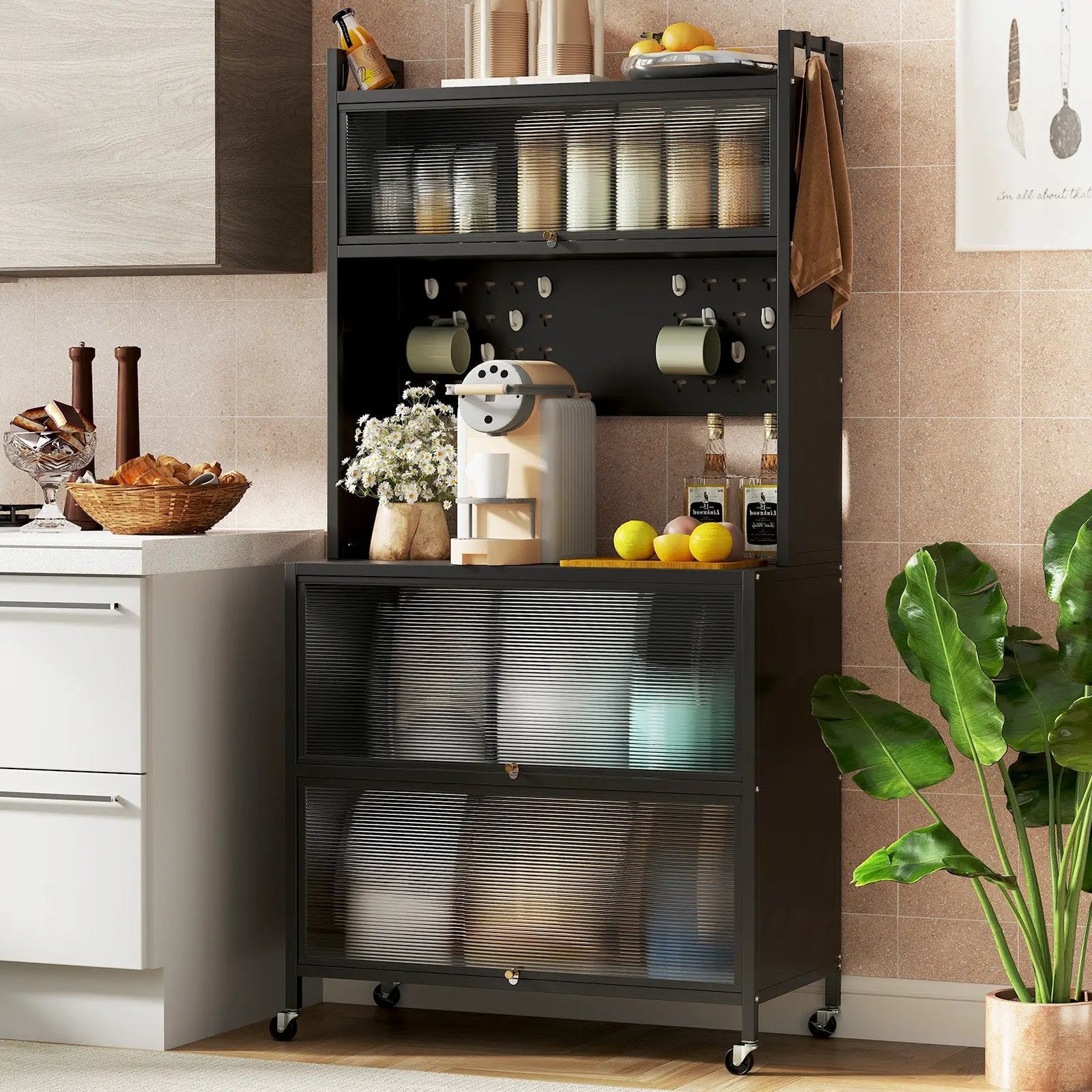 5 Tier Kitchen Bakers Rack with Lights Multifunctional Microwave Stand with Flip Door Cabinets by DirectDeals